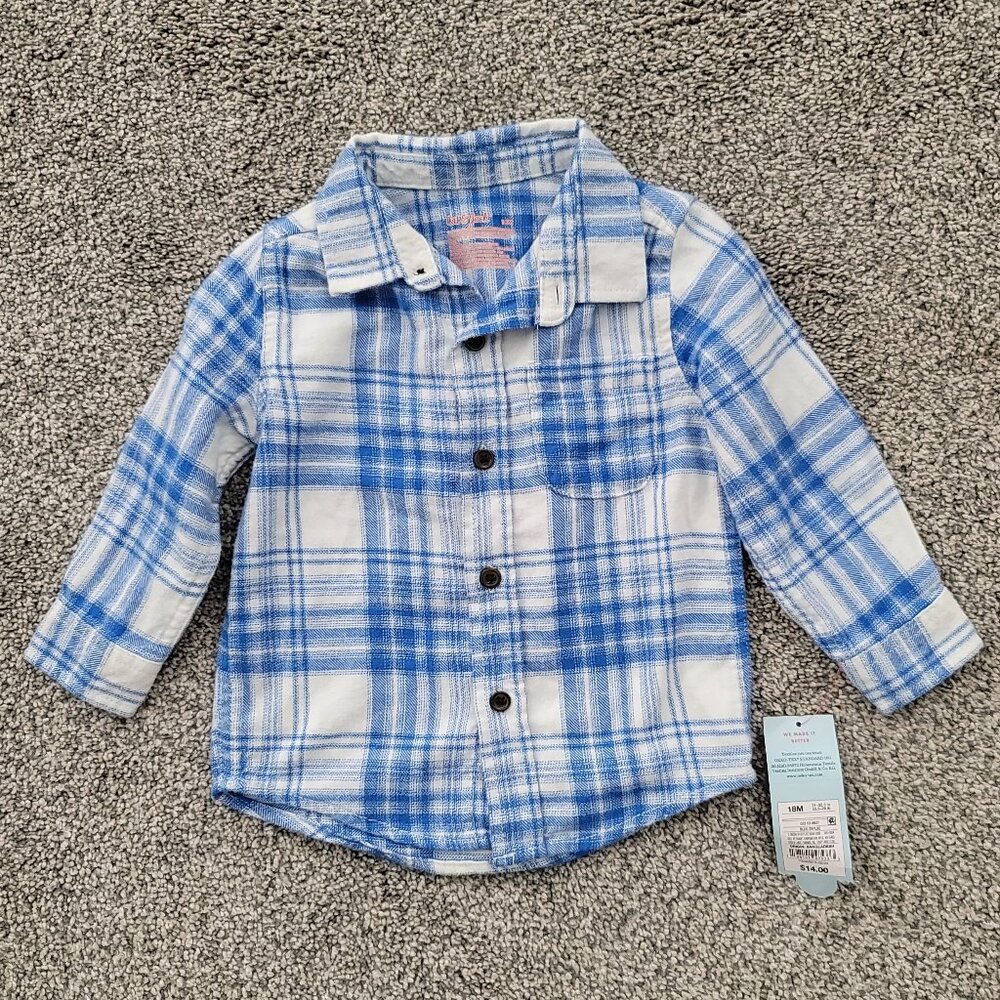 Cat & Jack Boys'18 Months Blue & White Plaid Long Sleeve Button Up Flannel Shirt